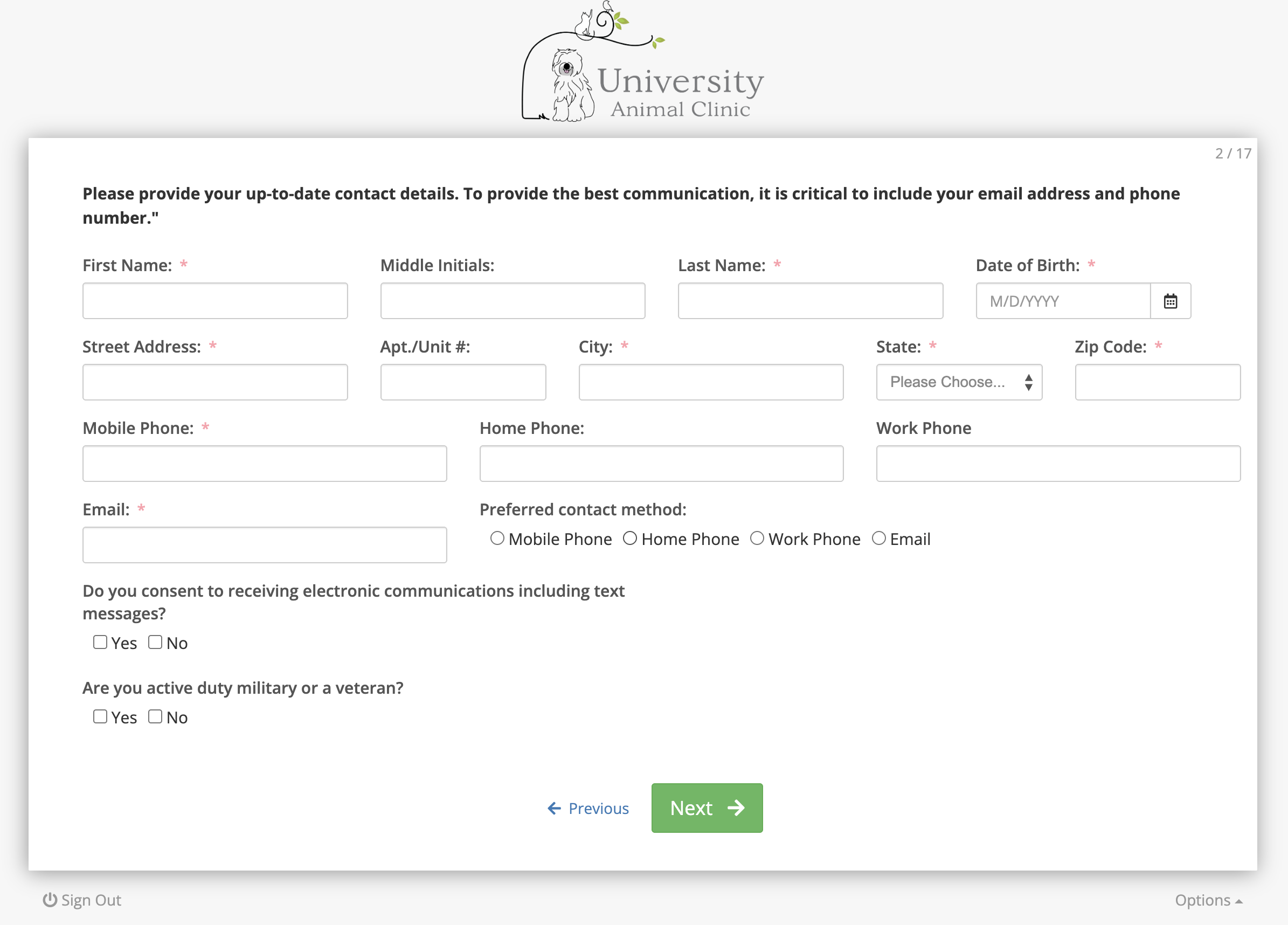 Page 2 of the University Animal Clinic new-client intake form showing the SMS consent question with unchecked Yes and No checkboxes